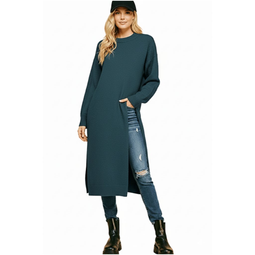 Davi & Dani Teal Round Neck Split Long Sweater Dwd42092